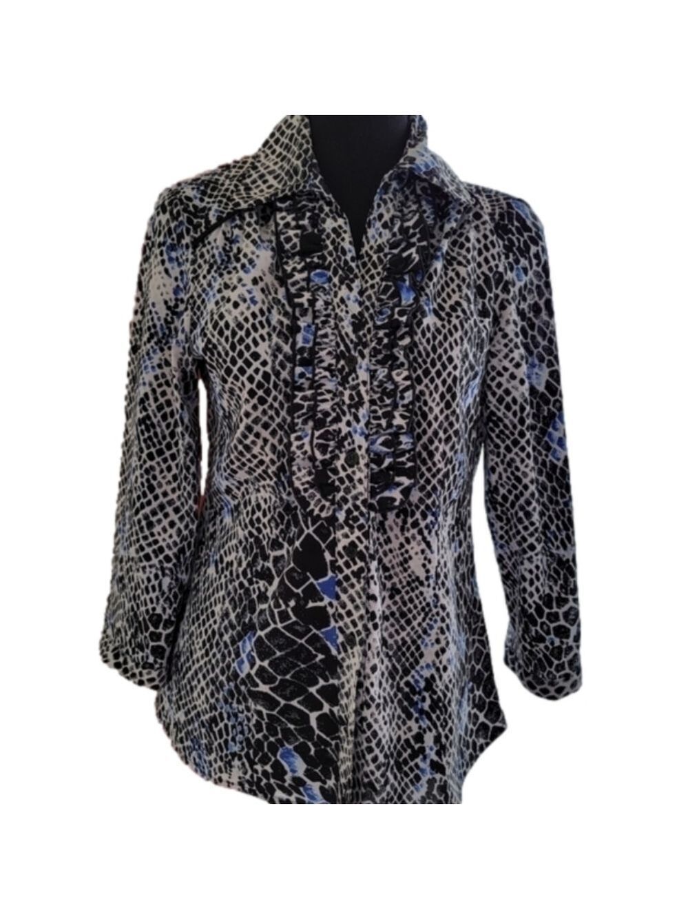 Fred David Print Buttondown Ruffled Blouse Size Small EUC